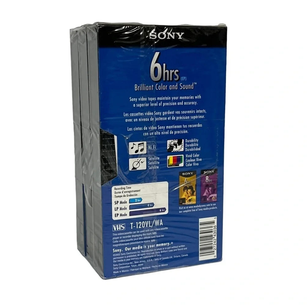 SONY Standard Grade Blank VHS Tapes 6 Hours T-120 3 Pack Brand‎ New & Sealed EP